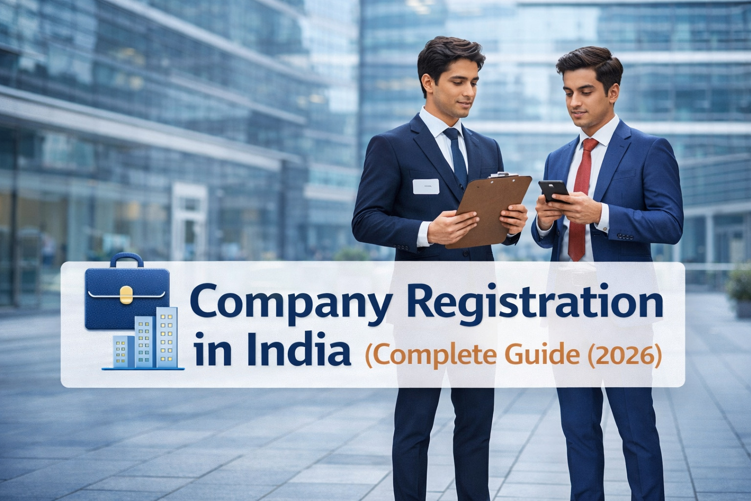 Businessmen discussing company registration outside office (1)